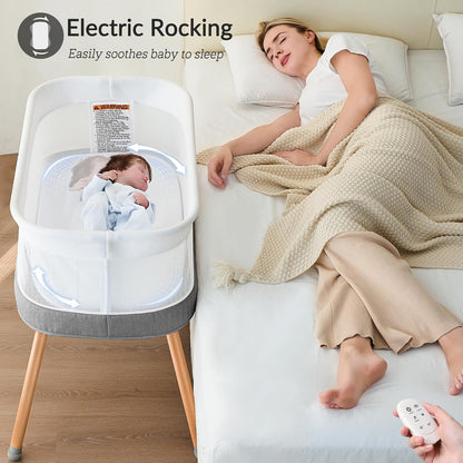 Electric Bassinet for Baby 3 Rocking Speeds, Auto Bedside Sleeper with 8 Soothing Music, Rocking Bassinet for Infant, Grey