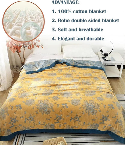 Boho Throw Blanket 100% Cotton Blankets, Super Soft Cozy Warm Blanket, Cotton Quilted Blankets, Versatile KnitWoven Blanket for Couch Sofa Bed Home Decor and Living Room, 78''Wx 90''L