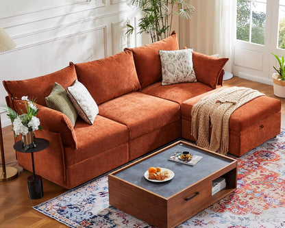 102.6" Modular Sectional Sofa, L Shaped Couch Set for Living Room, 3-Seater Comfy Cloud Couches with Movable Storage Ottoman,DIY Combination - Chenille Terracotta Orange