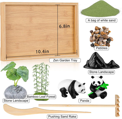 Zen Garden Kit for Desk 11''x7.5'' Room Decor with Green Sand, Panda Decorative Ornaments, Haystack, Ceramic Mountain, Stones and Rakes (Panda Bamboo)