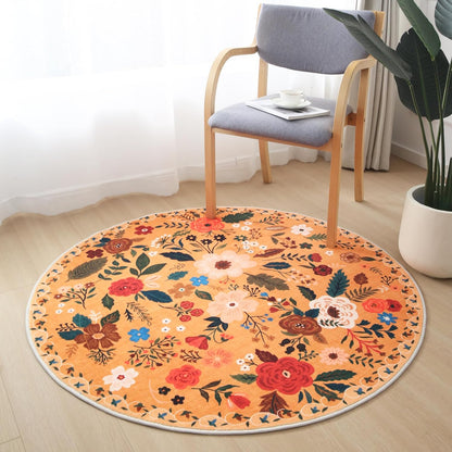 Round Rug 4ft Washable Circle Rug Non Slip Low Pile Boho Floral Small Circular Rug for Bedroom, Bathroom, Entryway, Kids Room, Office, College Dorm(Yellow)