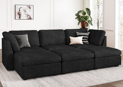 Belffin Modular Sectional Sofa with Sleeper Sofa, Oversized Cloud Couch with Extra Deep Seat, Upholstered 6 Seat Sectional Couches for Living Room, Plush Corduroy Black