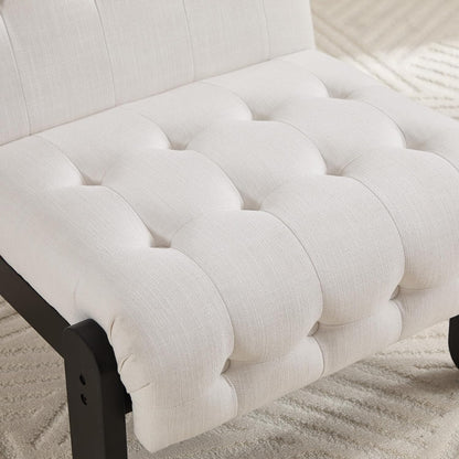 Modern Armless Accent Chair Set of 2 for Living Room, Beige Chenille Button Tufted Upholstered Lounge Reading Chair with Black Wood Frame