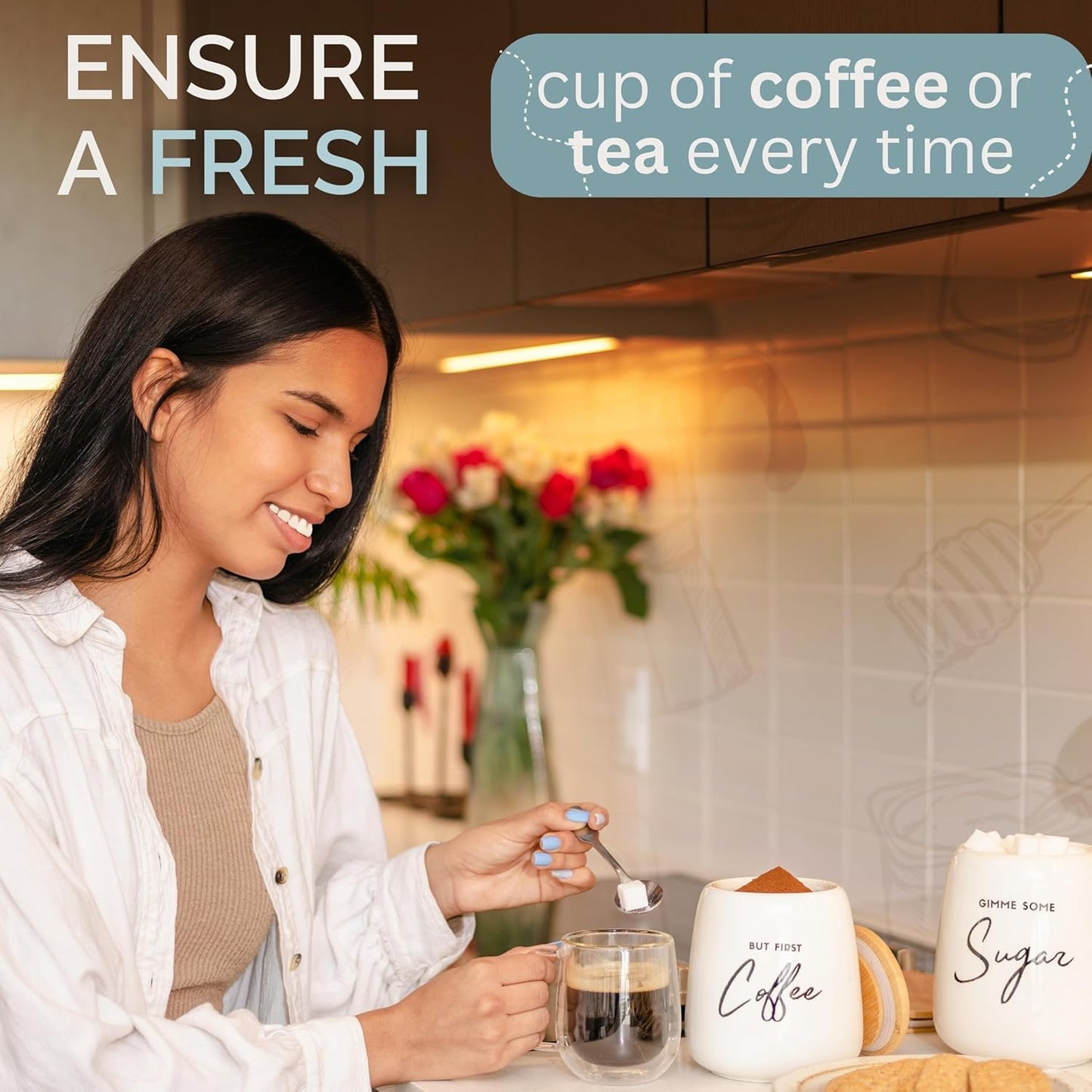 Coffee Tea and Sugar Ceramic Canister Set - 3-Piece Airtight Kitchen Canisters for Countertop - Coffee Bar Container Set