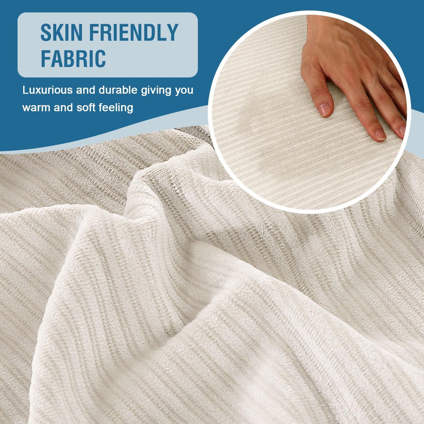 H.VERSAILTEX Velvet Stretch Couch Cushion Cover Plush Cushion Slipcover for Chair Loveseat Sofa Cushion Furniture Protector Seat Cushion Sofa Cover (3 Piece XL Sofa Cushion Covers, Ivory Striped)