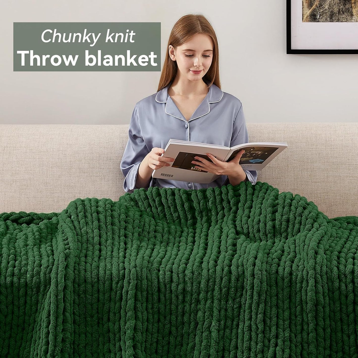 Chunky Knit Throw Blanket, 40''*50'' Knitted Throw Chenille Yarn for Bed Couch, Handmade Grass Green Crochet Big Thick Blanket, Machine Washable Cute Comfy Blanket for Home Decor