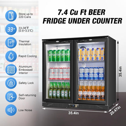 Beverage Refrigerator Under Counter, Back Bar Cooler with 2 Glass Door, Commercial Display Fridge 35.42 Inch Wide 7.4 Cu.Ft, Drink Fridge for Beer Soda Wine, Beverage Cooler for Kitchen Shop Bar