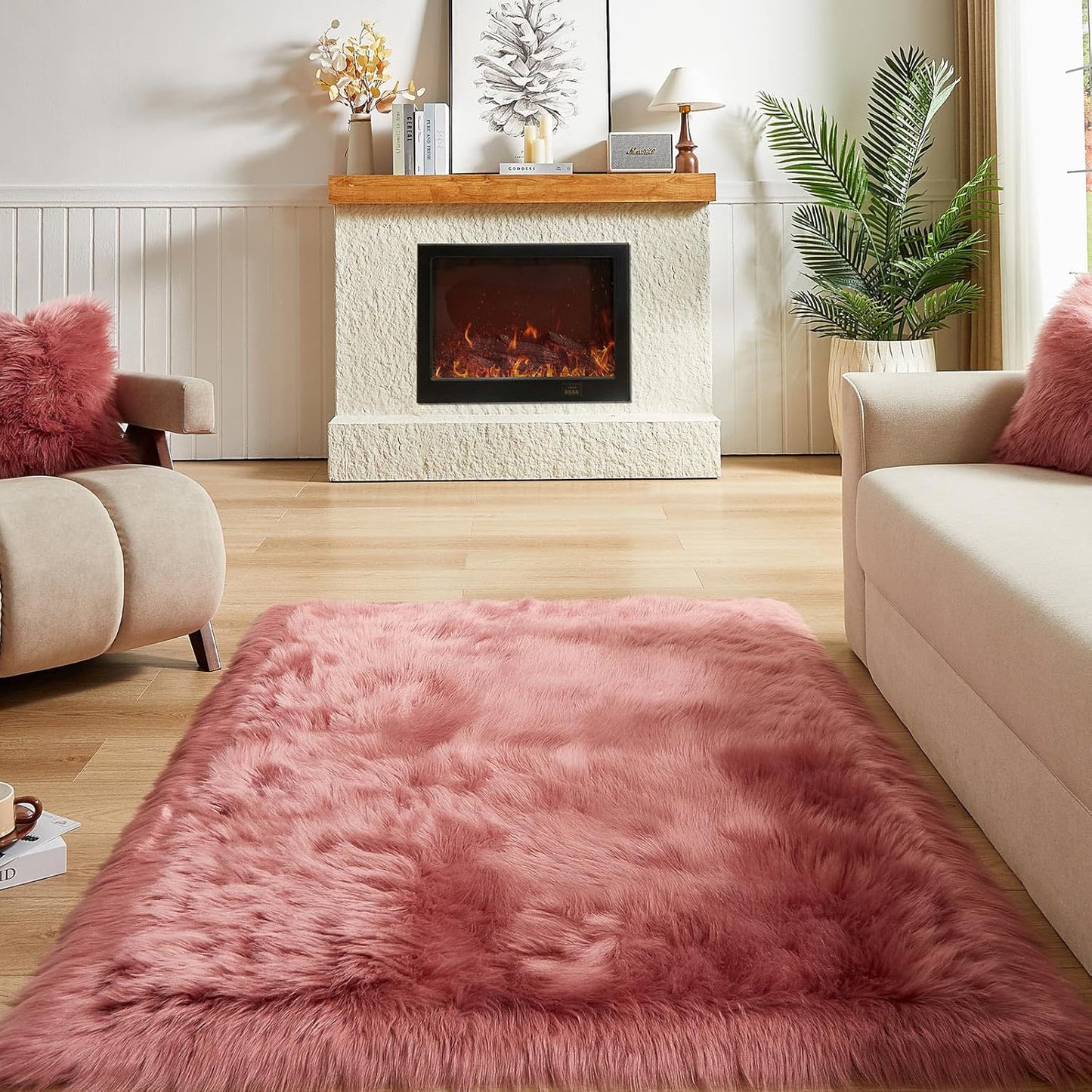 AMTOVO Faux Fur Sheepskin Rug for Living Room, 4 x 6 ft Blush Pink Fluffy Area Rug for Bedroom, Playroom, Luxury Room Decor, Rectangle