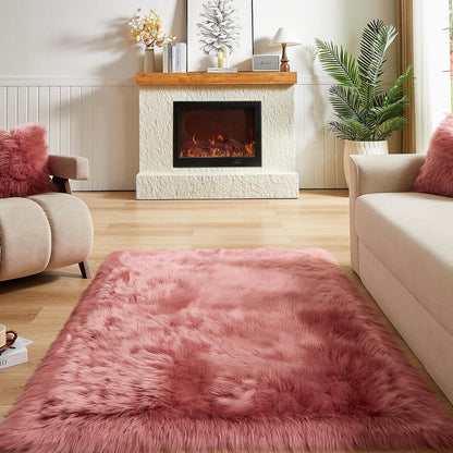 AMTOVO Faux Fur Sheepskin Rug for Living Room, 4 x 6 ft Blush Pink Fluffy Area Rug for Bedroom, Playroom, Luxury Room Decor, Rectangle