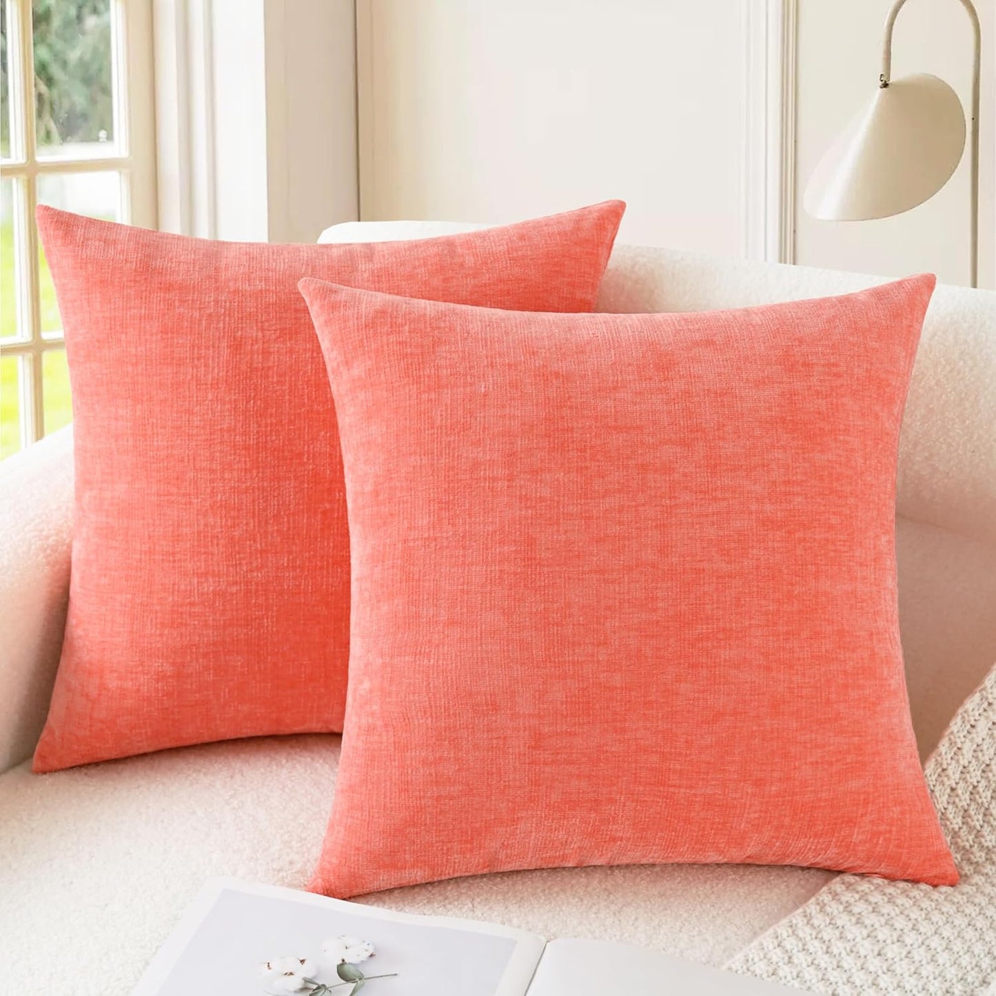 CaliTime Throw Pillow Covers Decorative 16 X 16 Inches Pack of 2 Cozy Chenille Cushion Cases for Couch Sofa Bed Living Room Home Living Coral