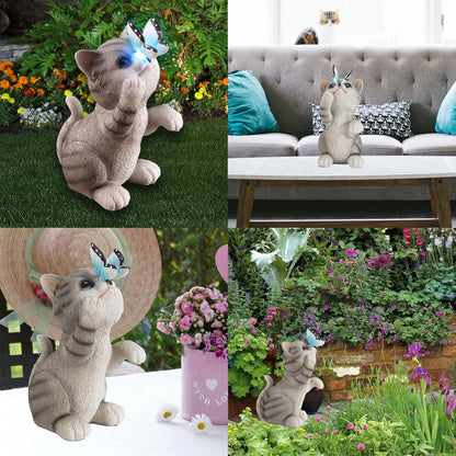 Cat Garden Statue Outdoor Solar Decorations Butterfly Light Figurine Color Changing LED Lights Resin Sculpture Art Decor Patio Lawn Yard Housewarming Gifts for Women Grandma Mom
