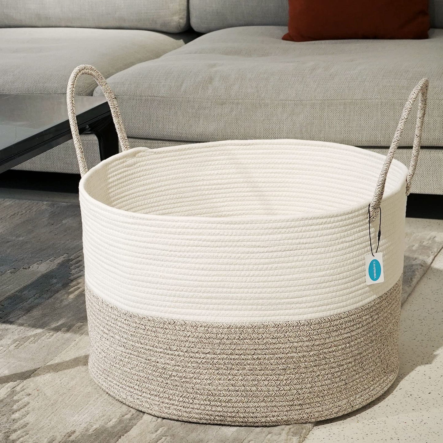 Casaphoria XXXLarge Cotton Rope Basket for Living Room - Woven Storage Basket with long Handle for