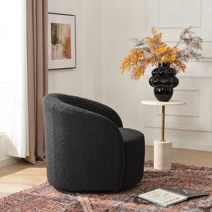 KINWELL 34" W Mid Century Modern Swivel Barrel Chair, Round Upholstered Boucle Swivel Accent Chairs, No Assembly Sofa Chair for Living Room Bedroom Reading Apartment Lounge Nursery(Black)