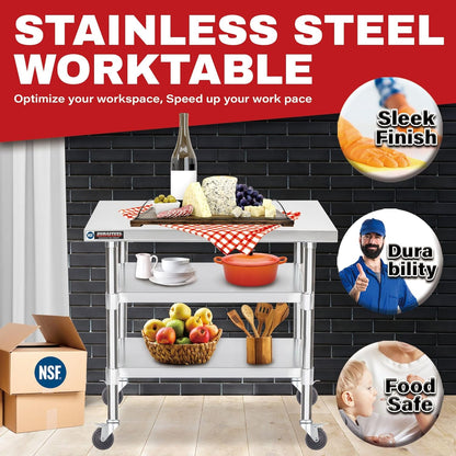 DuraSteel Stainless Steel Work Table 30" x 36" x 34" Height w/ 4 Caster Wheels - Food Prep Commercial Grade Worktable - NSF Certified - Good for Restaurant, Business, Warehouse, Home, Kitchen, Garage