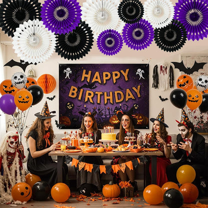 BEISHIDA Black Purple White Hanging Honeycomb Round Paper Fans Decoration Set for New Year Baby Shower Halloween Birthday Wedding Photo Booth Backdrops Anniversary Paper Party Supplies 11packs