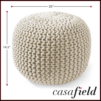 Casafield Round Pouf Ottoman, Natural - 20" Diameter x 14.5" High Cotton Knit Foot Stool - Boho Floor Pouffe for Living Room, Bedroom, Home Office