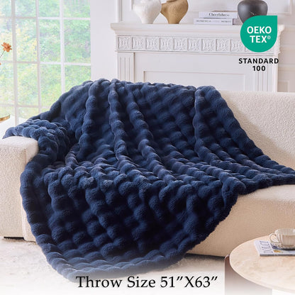 BENVWE Fluffy Faux Fur Throw Blanket for Couch, Soft Plush Thick Cozy Fuzzy Luxury Minky Bubble Blanket for Home Living Room Decor Gift for Women, Navy Blue, 51" x 63", 1100GSM