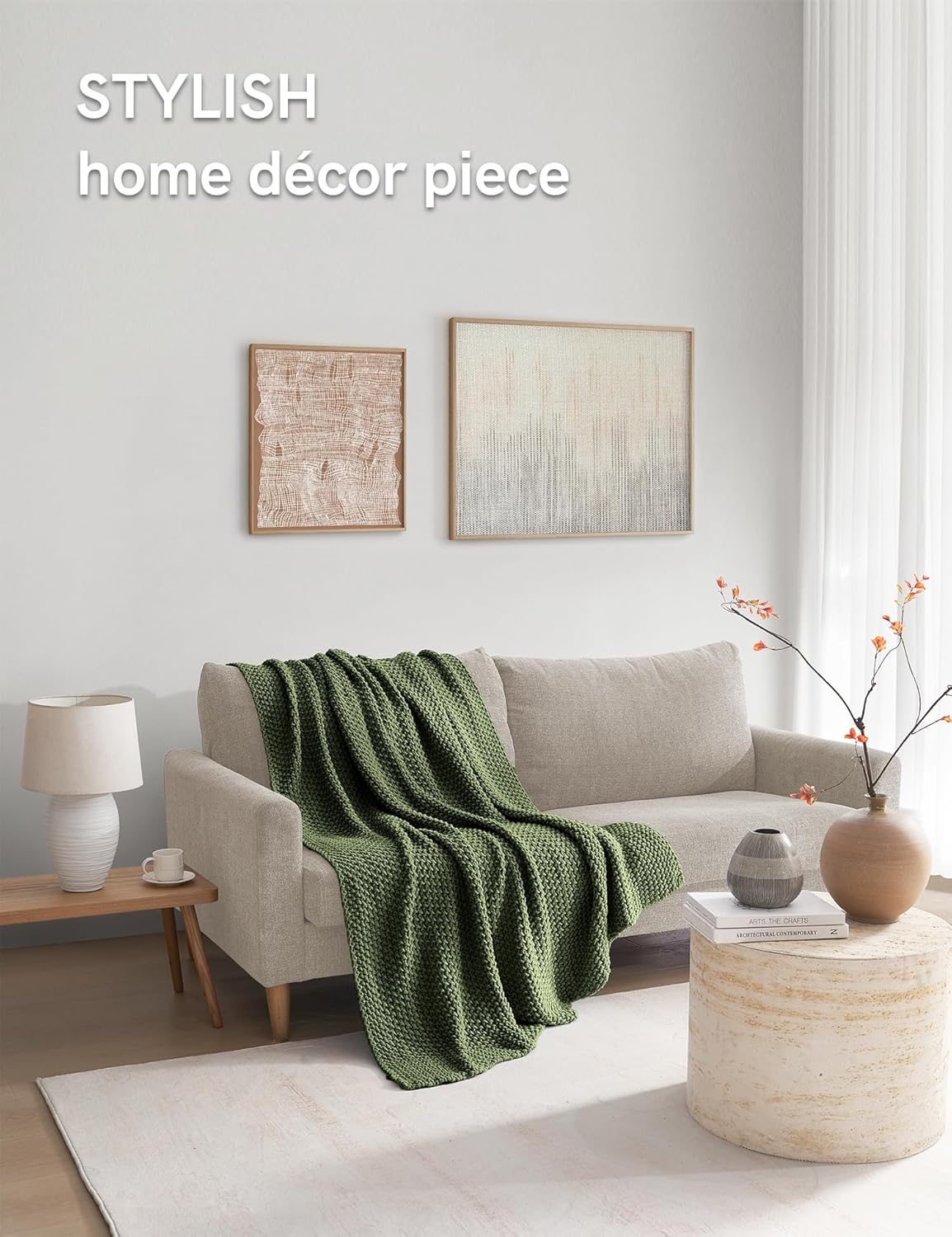 YnM Chunky Cotton Knit Throw Blanket, Cable Knit Throws for Bed Couch Sofa, Comfy & Relaxing, Decorative Piece for Farmhouse Modern Boho Rustic Scandinavian Chic Vibe, Pine Green 50x60 Inches