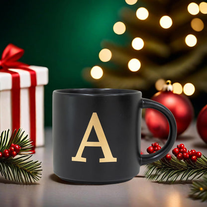 COLLECTIVE HOME - Monogram Ceramic Mugs, 15 oz Golden Initial Black Coffee Cups, Elegant Alphabet Tea Mugs, Elegant Personalized Mug with Gift Box, Unique Mug with Double Side Capital Lette (A-1)