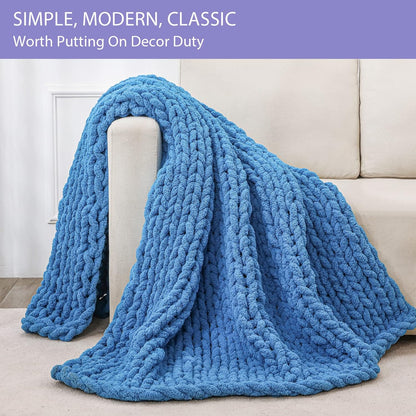 Bigacogo Chunky Knit Throw Blanket for Couch, 51x63 inches, 100% Hand Knitted with Thick Jumbo Chenille Yarn, Cozy Soft Large Rope Knot Cable Crochet Blankets for Sofa Bed Living Room, Bright Blue