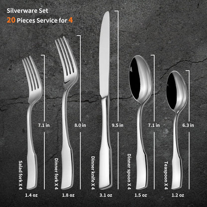 Alata Kate 20-Piece Silverware Set Stainless Steel Flatware Set,Service for 4,Mirror Polished Cutlery Set,Dishwasher Safe