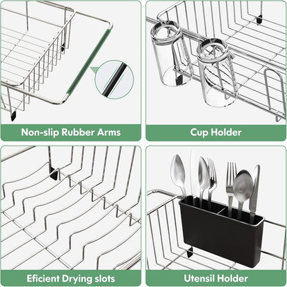 MAJALiS Dish Drying Rack in Sink - Small Dish Drainers for Kitchen Sink, Over The Sink Dish Racks with Utensil Holder, Stainless Steel Dish Rack in Sink, Silver