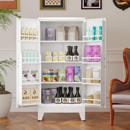51" Metal Kitchen Pantry Cabinet, Storage Cabinets with 2 Door and 3 Adjustable Shelves, White Freestanding Food Storage Cabinet, Steel Cupboard for Kitchen Dinning Room