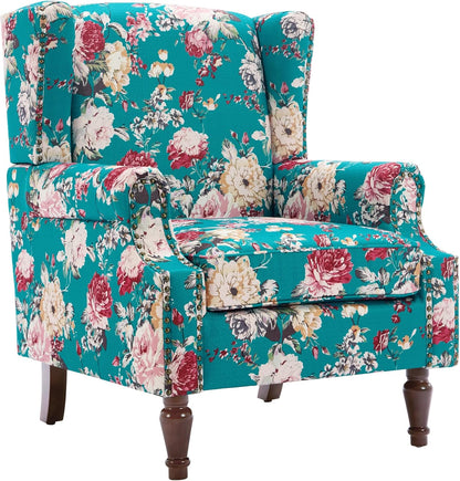 UIXE High Back Floral Accent Chair, Upholstered Armchair in Fabric, Retro Printed Wingback Arm Chair for Living Room, Nailhead Trim Single Sofa Bedroom Reading Seat - Peacock Blue