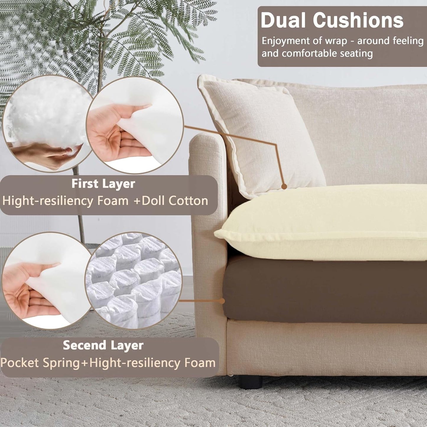 Sectional Sofa 4 Seater with Movable 2 Ottomans,Oversized Modular Couch Deep Seat (Light Coffee, 146.5 inch-U)