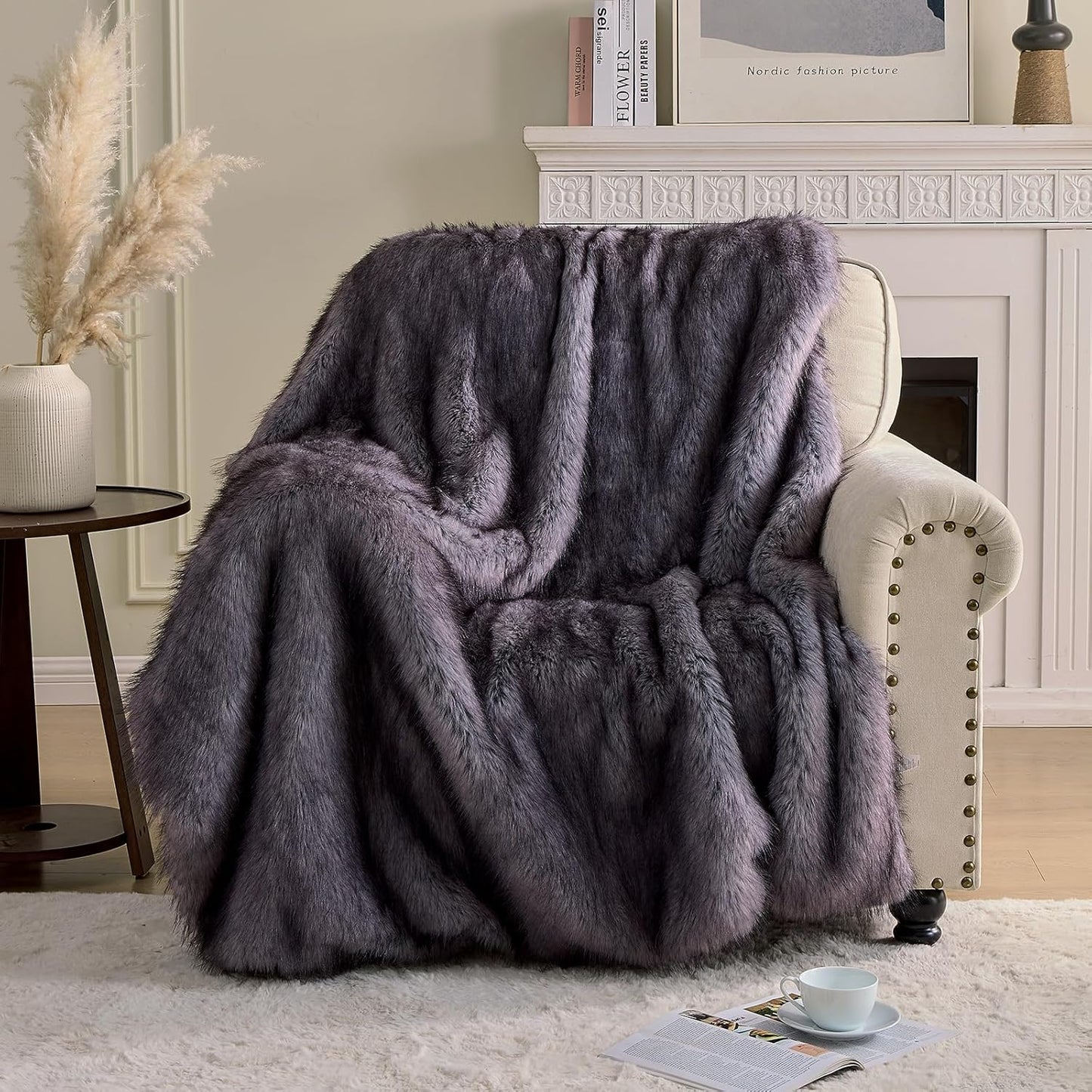 Fluffy Faux Fur Throw Blanket – Super Soft Warm Thick Plush Blanket for Bed, Couch & Office, Cozy Fuzzy Throw with Flannel Backing,50"x60", Grey