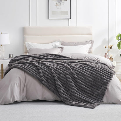 Amélie Home Faux Fur Throw Blanket for Couch, Cozy Fuzzy Fluffy Fur Luxurious Soft Striped Plush Gift Blankets for Family Sofa Chair Bed Living Room Bedroom, 60"x80", Charcoal Grey
