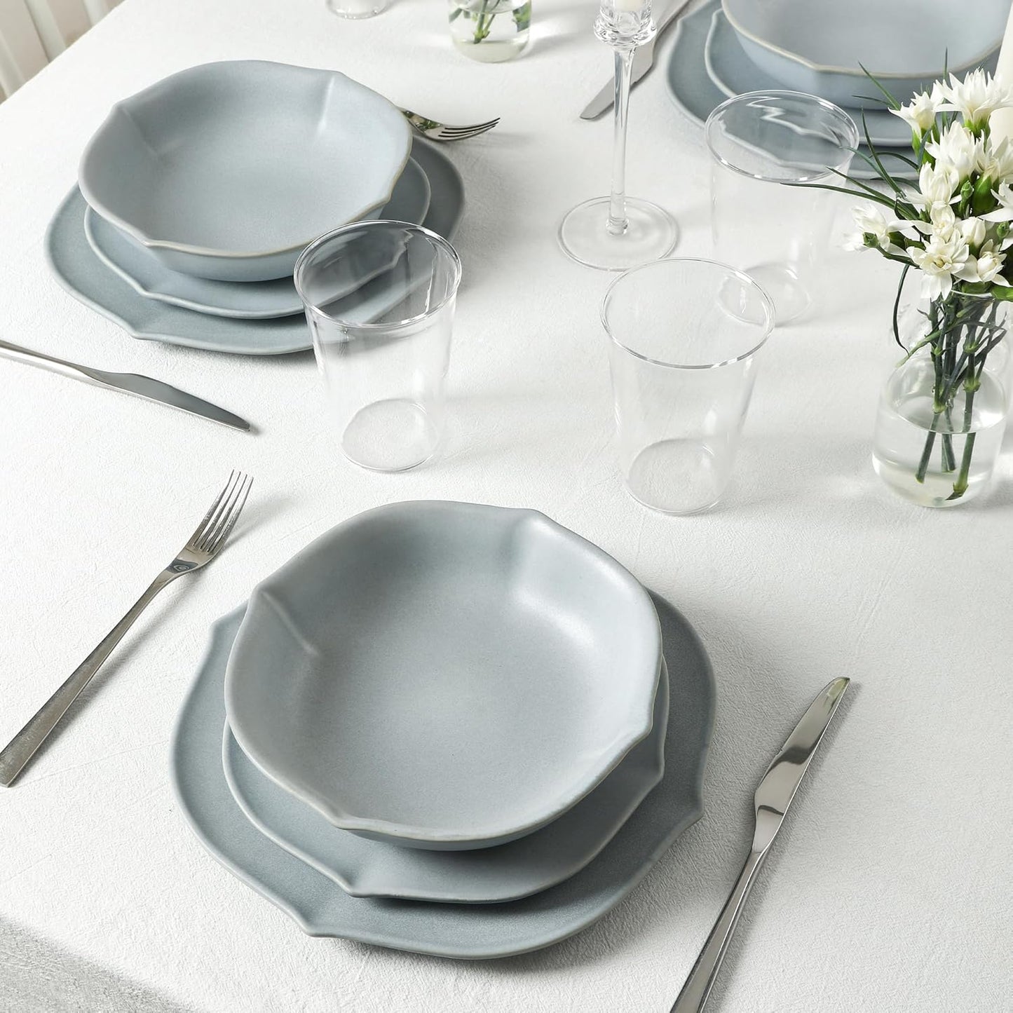 Stone Lain Baskerville 16-Piece Dinnerware Set Stoneware, Borosilicate Glass, Light Blue