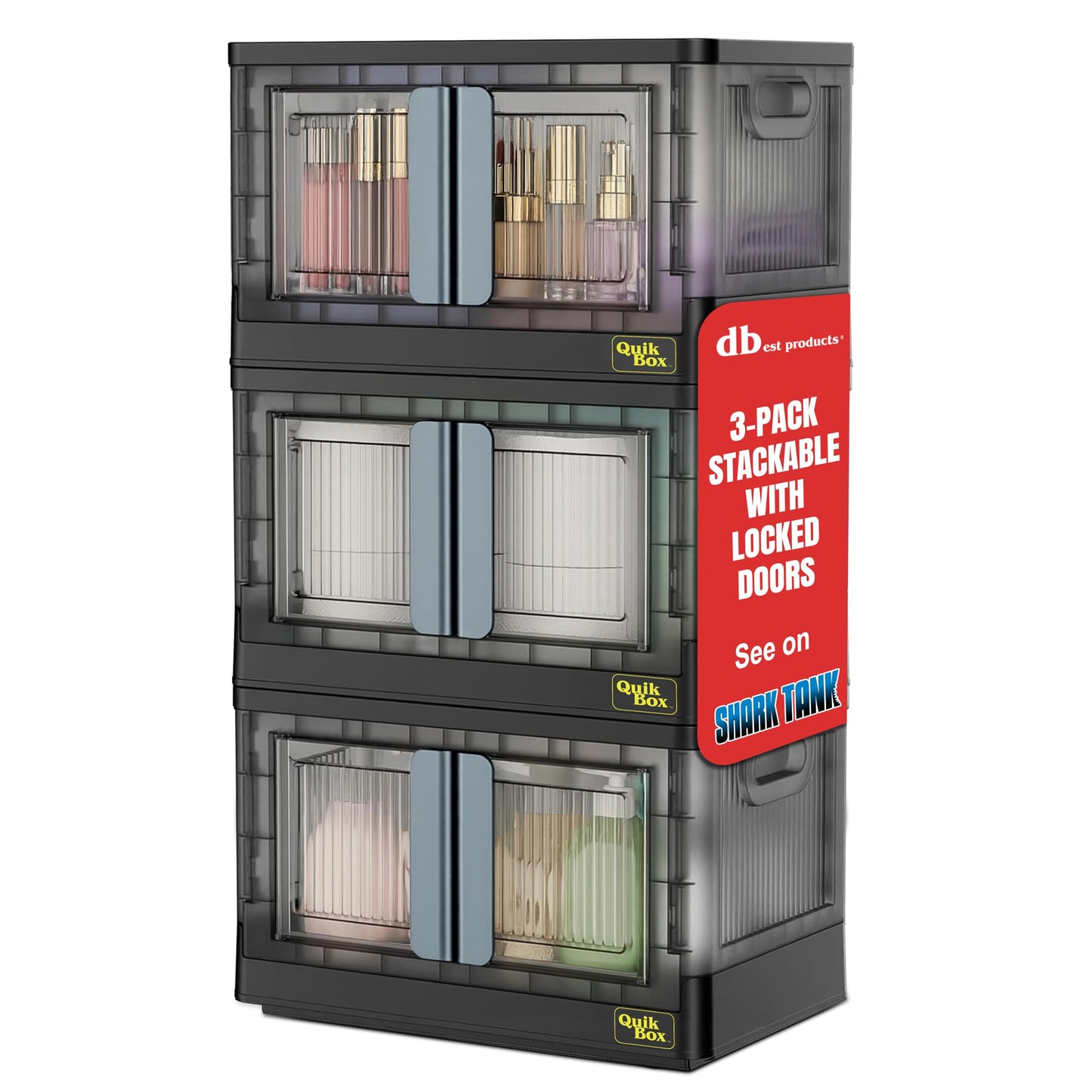 Quik Box - 8.5 Gallon 3-Pack Stackable Storage Bins with Doors & Wheels - Collapsible Organizer for
