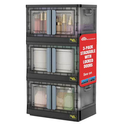Quik Box - 8.5 Gallon 3-Pack Stackable Storage Bins with Doors & Wheels - Collapsible Organizer for