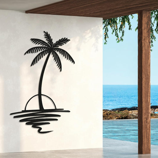 Metal Palm Tree with Sunset Wall Art, Large Outdoor Wall Decor, Tropical Beach Decor for Living Room, Bedroom, Garden Home Wall Sign, Perfect Metal Wall Art for Beach House (Black, 40 x 33 inches)