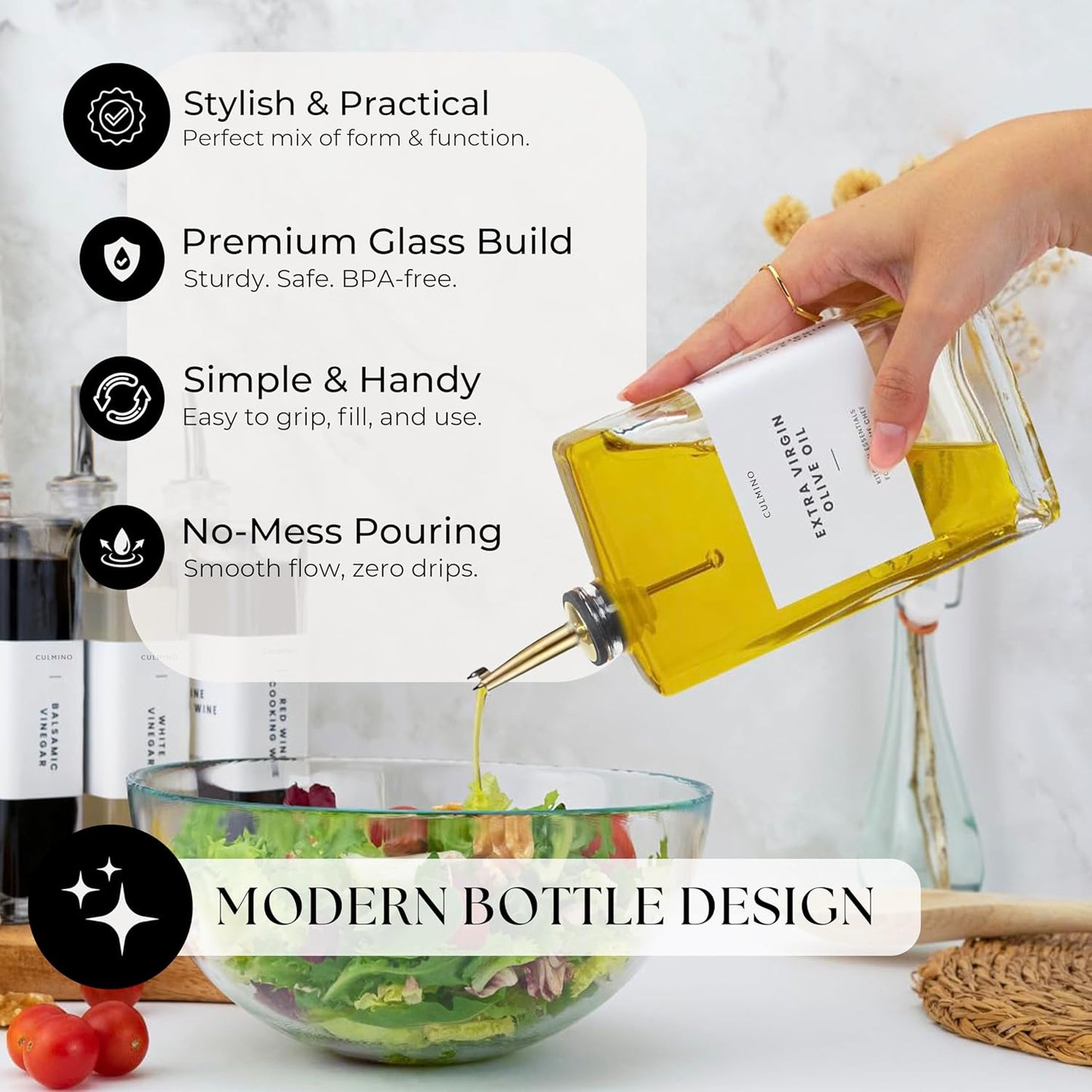 Premium Glass Olive Oil Dispenser Bottle 350ml | Cooking Oil and Vinegar Dispenser | Oil Dispenser for Kitchen with Gold Pourers, Funnel, Brush & 36 Labels (4 Pack)