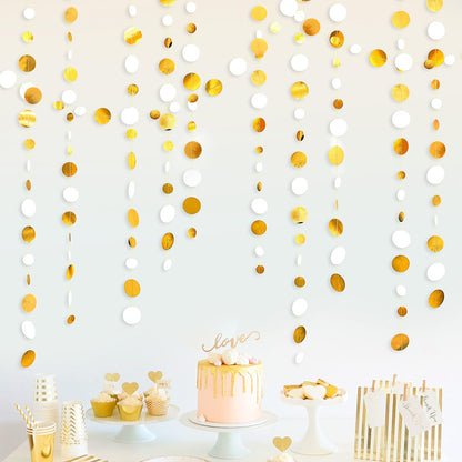 46 Feet White and Gold Circle Dots Garland Hanging Paper Polka Dots Streamer for Birthday Bachelorette Engagement Anniversary Wedding Baby Bridal Shower Christmas Holiday Party Decorations Supplies