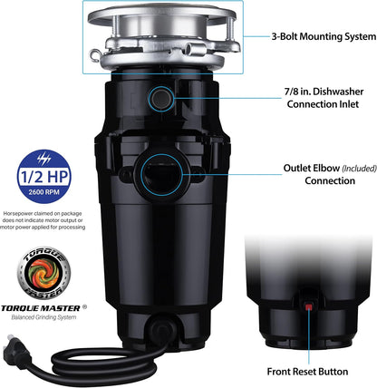 Waste Maid 10-US-WM-158-3B Garbage Disposal Anti-Jam Stainless Steel Food Waste Grinding System, 1/2 HP Standard, Black