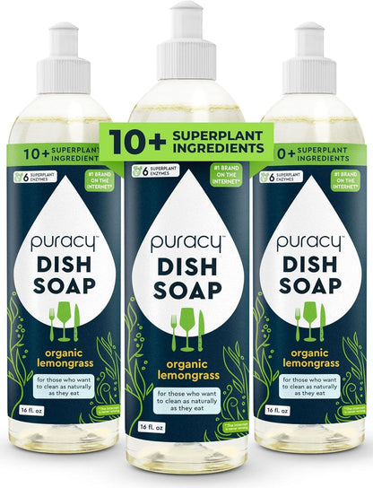 Puracy Natural Dish Soap Packs - Skin-Softening Plant-Based Dishwashing Soap, Non-Toxic Dish Soap, Organic Liquid Dishwashing Detergent Soap (Organic Lemongrass, 16 fl oz, 3 Pack)