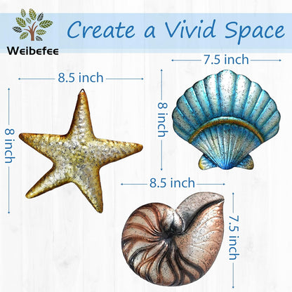 Weibefee 3 Pcs Metal Beach Wall Decor Sea Star Shell Conch Metal Decor Ocean Theme Marine Coastal Bathroom Decorations Rustic Cottage Nautical Wall Art for Office Home Living Room Nursery Room