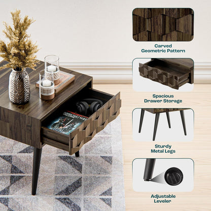 Bme Georgina Solid Wood Nightstand with Drawers, Pre-Assembled Rustic Nighstand with Geometric Pattern, Mid Century Modern Side Table for Living Room, Bedroom - Mocha