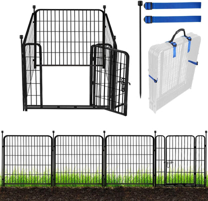 ADAVIN Tall Garden Fence with Low Threshold Door,54 in(H) 4 Panels Total 8.8 Ft(L) Fencing for Dogs, Garden Fence Animal Barrier, Black Iron Metal Heavy Duty Dog Fence Outdoor for Yard