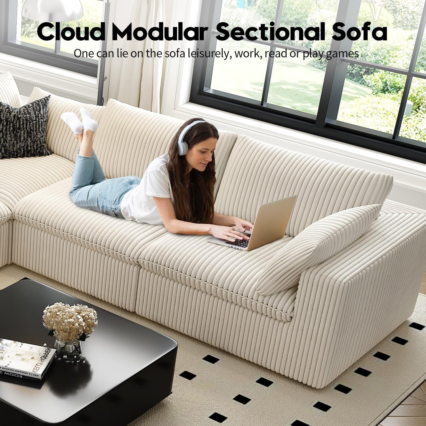 118" Cloud Couch Oversized Modular Sectional Sofa for Living Room,Modern Sofa with Deep Seat，V Shaped Boneless Couch,Comfy Upholstered Corduroy Couches for Apartment, Studio, Office,Bedroom，White