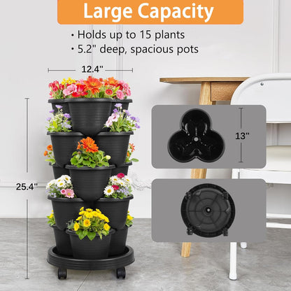 VECELO 5 Tier Vertical Garden Planter, Self Watering Stackable Planters with Wheels for Strawberries, Herbs, Flowers, Vegetables, Dark Gray