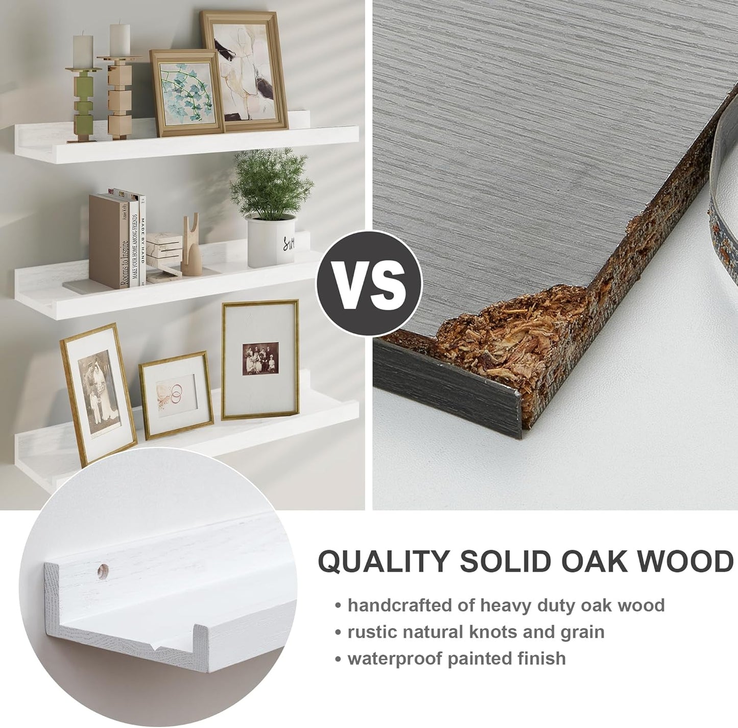 Floating Picture Ledge Shelves 72 Inch Solid Oak Wood Set of 2, Rustic Wall Storage Shelves with Lip, Kids Bookshelf, Photo & Picture Ledge Shelves for Bedroom, Living Room, Kitchen