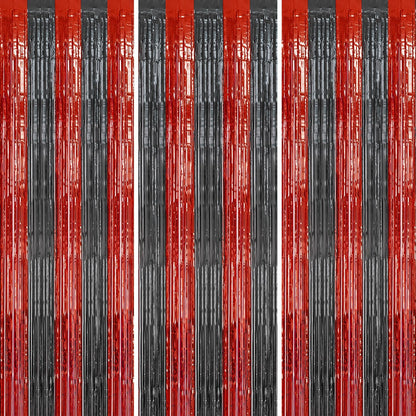 3 Pack Foil Fringe Backdrop - Red&Black Shiny Tinsel Curtains for Party Decoration/Photo Booth Props - 3.3x8.2 FT Metallic Foil Backdrop for Birthday, Wedding, Graduation, Christmas.