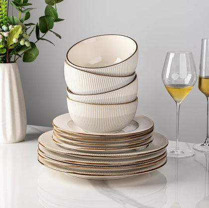 GBHOME Ceramic Dinnerware Sets,12 pcs Embossed Elegant Stoneware Plates and Bowls Sets, Housewarming Wedding Gift | Dishwasher & Microwave Safe | Dishes Set Service for 4