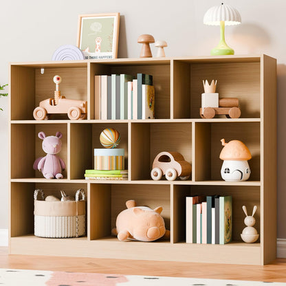 Cozy Castle Oak Bookshelf, 3-Tier Open Shelf Bookcase, 10 Cube Storage Organizer with Anti-Tilt Device, Freestanding Horizontal Bookshelf Cube Shelf for Bedroom, Living Room