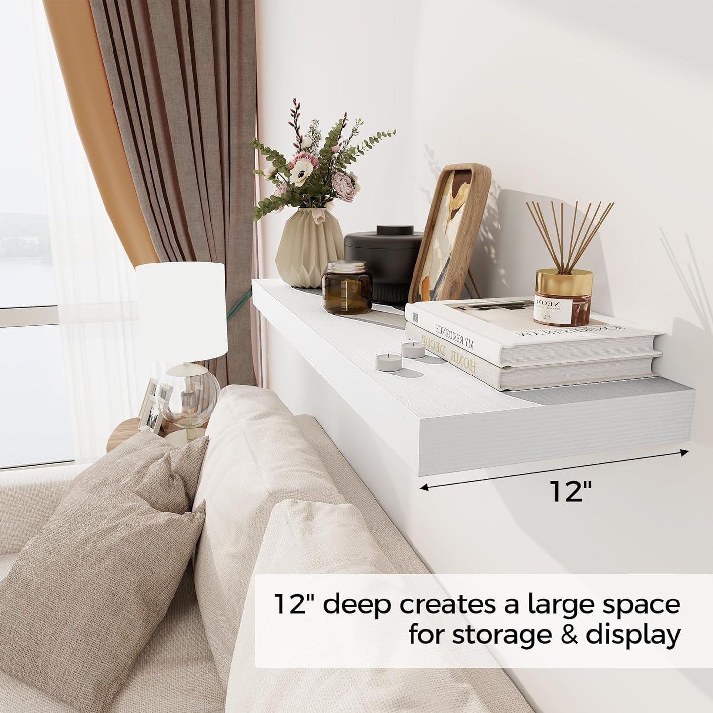 White Floating Shelves 36 Inch Long, 12 Inch Deep Floating Shelves for Wall, 36 x 12 Shelves for Wall Storage & Display, 2" Thick Floating Shelf for Bathroom, Living Room, Bedroom, Set of 2