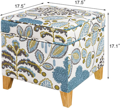 Adeco 18 Inch High Cube Ottoman Storage, Linen Chair Foot Stools, Upholstered Vanity Stool with Hinged Lid, Solid Wood Legs (Blue Leaves)